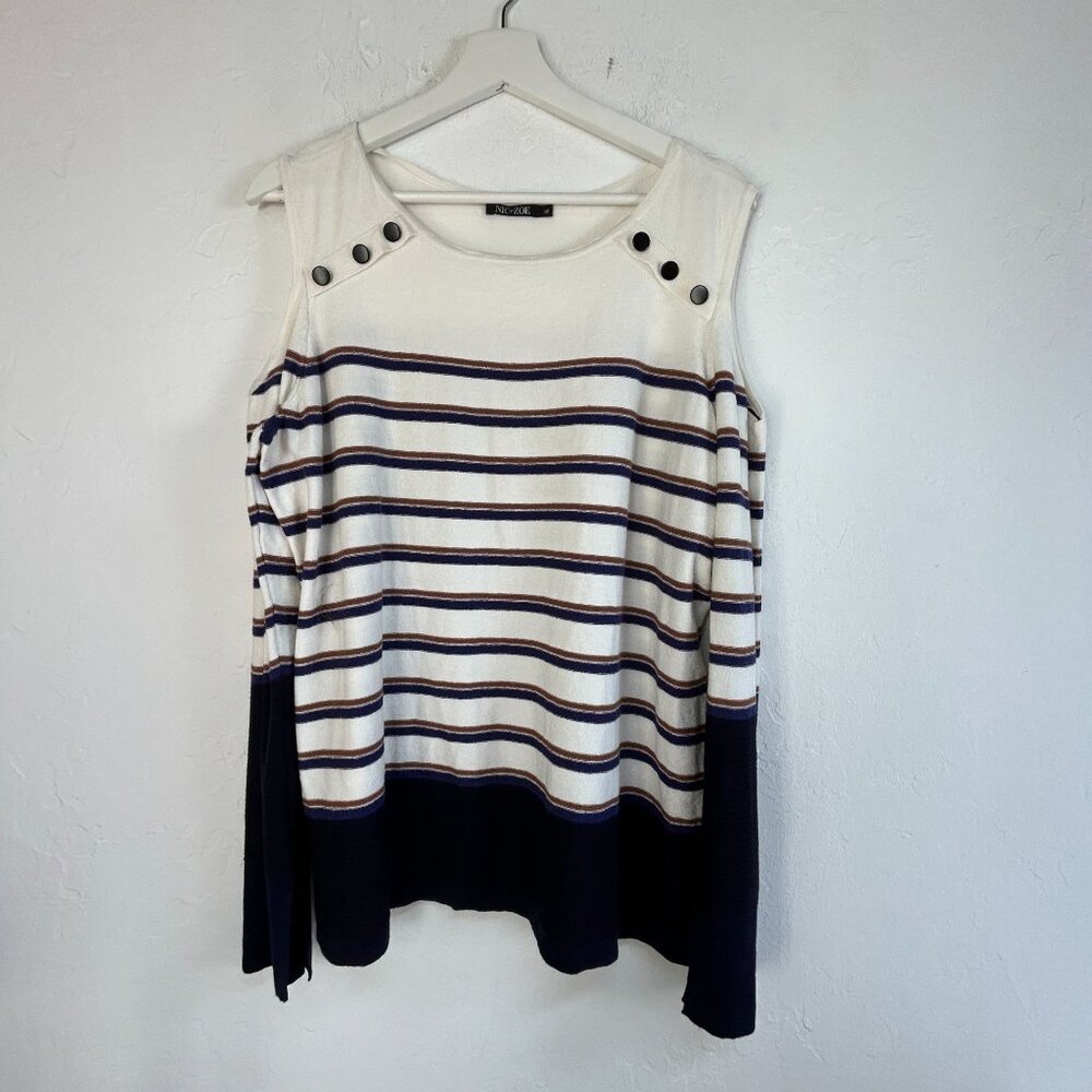 Nic+Zoe Womens Striped Linen Blend Cold Shoulder Knit Top XL Navy/White Casual